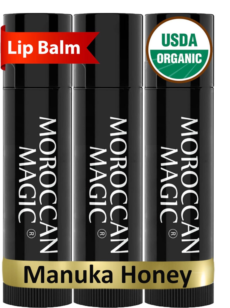 Moroccan Magic Organic Manuka Honey Lip Balm 3 Pack | Ultra-Hydrating Argan & Essential Oil Lip Moisturizer + Vitamin E | Natural Chapstick for Dry Lips | Smooth, Non-Toxic | Organic Lip Balm - Image 1